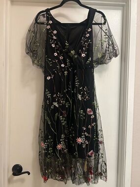 Black Floral Embroidered Midi Dress